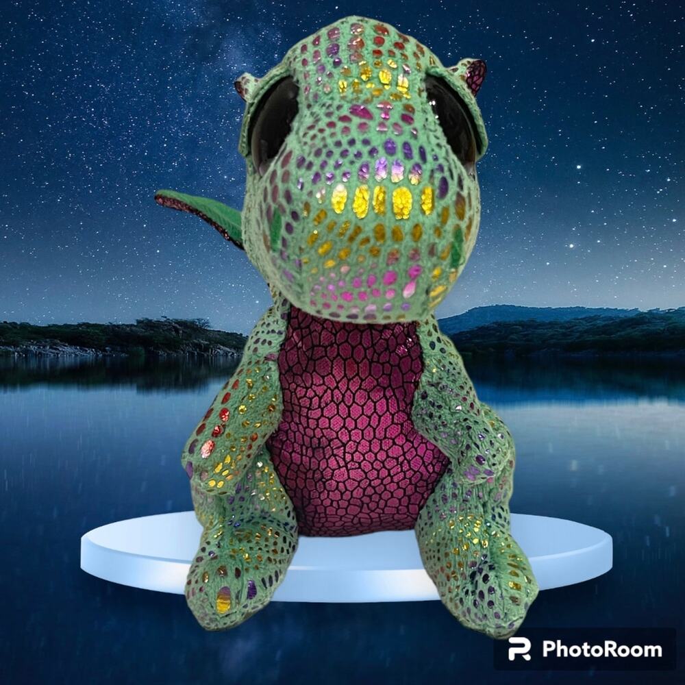 Ty Beanie Boos Cinder Dragon Plush Green Purple Glitter Eyes Sparkly Scales 6"